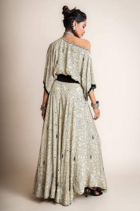 Shop Nupur Kanoi White Crepe Beads One Shoulder Floral Print Top And Pant Set at Aza Fashions Shop_Nupur Kanoi_White Crepe Beads One Shoulder Floral Print Top And Pant Set_at_Aza_Fashions