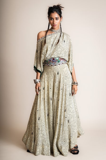 Nupur Kanoi White Crepe Beads One Shoulder Floral Print Top And Pant Set Online at Aza Fashions Nupur Kanoi_White Crepe Beads One Shoulder Floral Print Top And Pant Set_Online_at_Aza_Fashions