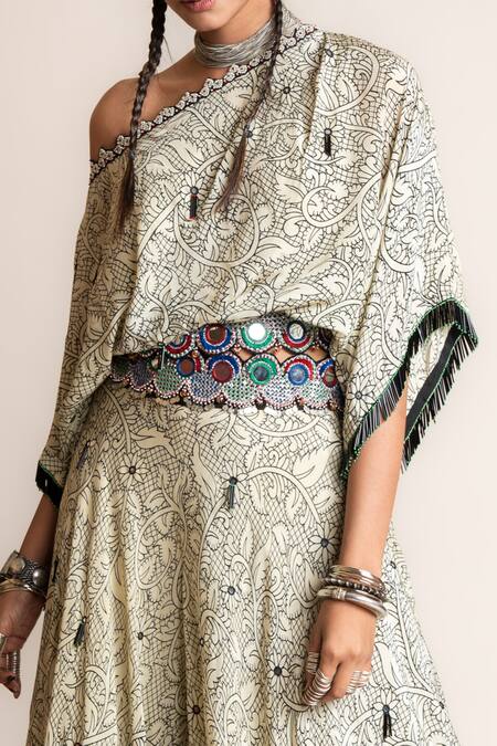 Buy Nupur Kanoi White Crepe Beads One Shoulder Floral Print Top And Pant Set Online at Aza Fashions Buy_Nupur Kanoi_White Crepe Beads One Shoulder Floral Print Top And Pant Set_Online_at_Aza_Fashions