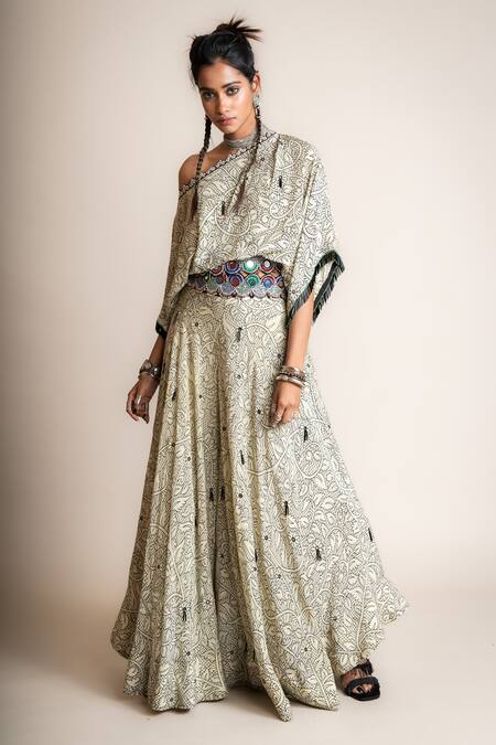 Shop Nupur Kanoi White Crepe Beads One Shoulder Floral Print Top And Pant Set Online at Aza Fashions Shop_Nupur Kanoi_White Crepe Beads One Shoulder Floral Print Top And Pant Set_Online_at_Aza_Fashions