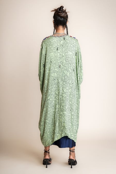 Shop Nupur Kanoi Green Crepe, Satin Mirrors, Sequins Floral Print Kaftan Kurta With Lungi Skirt at Aza Fashions Shop_Nupur Kanoi_Green Crepe, Satin Mirrors, Sequins Floral Print Kaftan Kurta With Lungi Skirt_at_Aza_Fashions