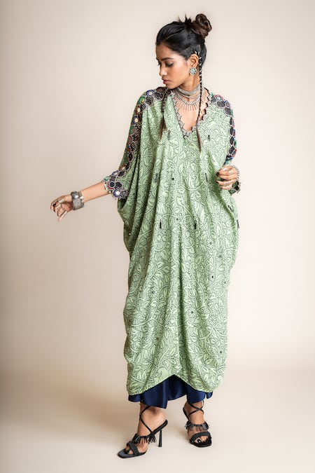 Nupur Kanoi Green Crepe, Satin Mirrors, Sequins Floral Print Kaftan Kurta With Lungi Skirt Online at Aza Fashions Nupur Kanoi_Green Crepe, Satin Mirrors, Sequins Floral Print Kaftan Kurta With Lungi Skirt_Online_at_Aza_Fashions