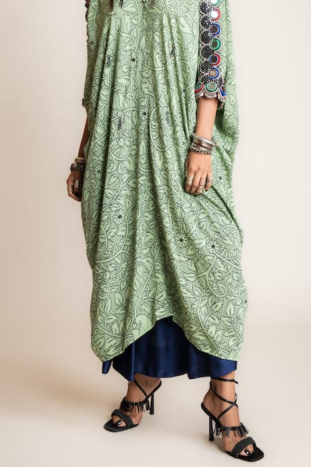Buy Nupur Kanoi Green Crepe, Satin Mirrors, Sequins Floral Print Kaftan Kurta With Lungi Skirt Online at Aza Fashions Buy_Nupur Kanoi_Green Crepe, Satin Mirrors, Sequins Floral Print Kaftan Kurta With Lungi Skirt_Online_at_Aza_Fashions