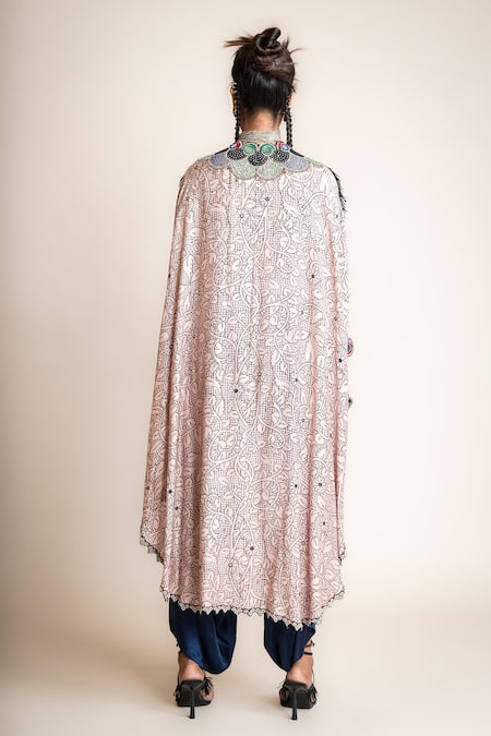 Shop Nupur Kanoi Pink Satin Peacock Print Cape With Draped Pant at Aza Fashions Shop_Nupur Kanoi_Pink Satin Peacock Print Cape With Draped Pant_at_Aza_Fashions