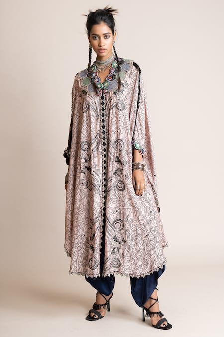 Buy Nupur Kanoi Pink Satin Peacock Print Cape With Draped Pant Online at Aza Fashions Buy_Nupur Kanoi_Pink Satin Peacock Print Cape With Draped Pant_Online_at_Aza_Fashions