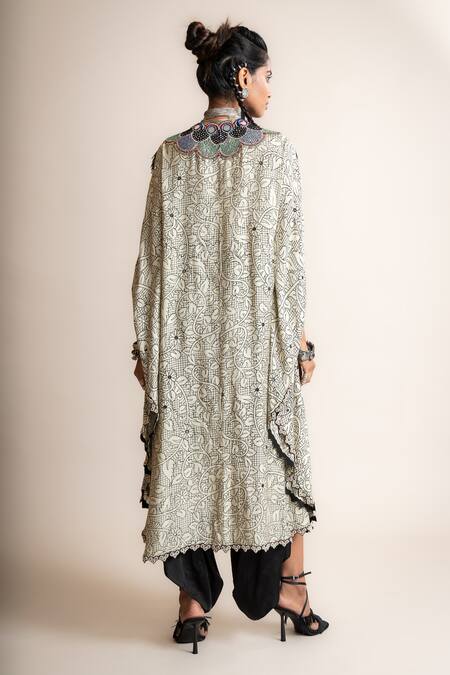 Shop Nupur Kanoi White Satin Mirrorwork Embellished Cape With Draped Pant at Aza Fashions Shop_Nupur Kanoi_White Satin Mirrorwork Embellished Cape With Draped Pant_at_Aza_Fashions