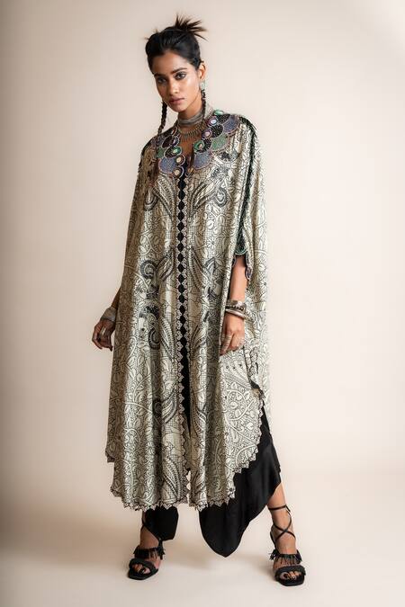 Buy Nupur Kanoi White Satin Mirrorwork Embellished Cape With Draped Pant Online at Aza Fashions Buy_Nupur Kanoi_White Satin Mirrorwork Embellished Cape With Draped Pant_Online_at_Aza_Fashions