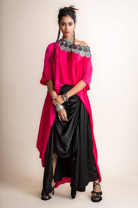 Nupur Kanoi Black Satin Embroidered Mirrorwork One Off Top With Asymmetric Skirt 