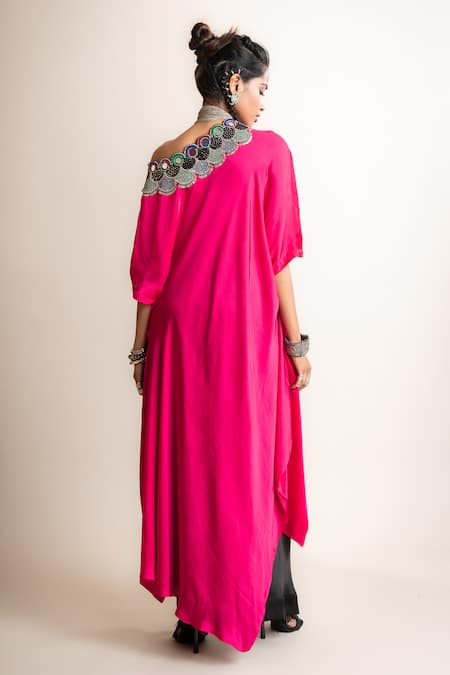 Shop_Nupur Kanoi_Black Satin Mirrors Off-shoulder Off Top With Asymmetric Skirt_at_Aza_Fashions