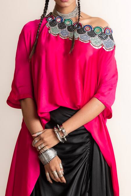 Nupur Kanoi Black Satin Mirrors Off-shoulder Off Top With Asymmetric Skirt Online at Aza Fashions Nupur Kanoi_Black Satin Mirrors Off-shoulder Off Top With Asymmetric Skirt_Online_at_Aza_Fashions