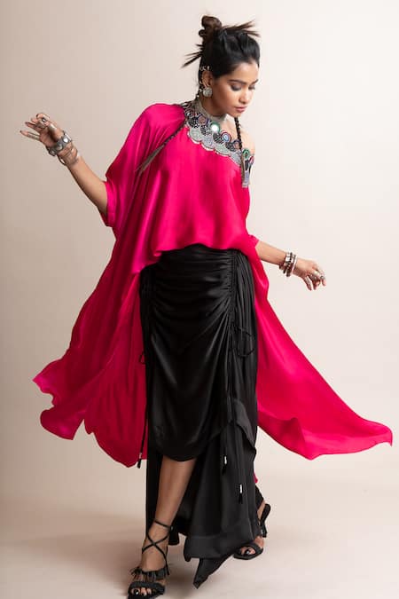 Buy Nupur Kanoi Black Satin Mirrors Off-shoulder Off Top With Asymmetric Skirt Online at Aza Fashions Buy_Nupur Kanoi_Black Satin Mirrors Off-shoulder Off Top With Asymmetric Skirt_Online_at_Aza_Fashions