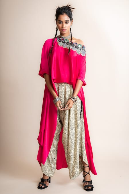 Nupur Kanoi Fuchsia Off Shoulder Top With Peacock Print Pant