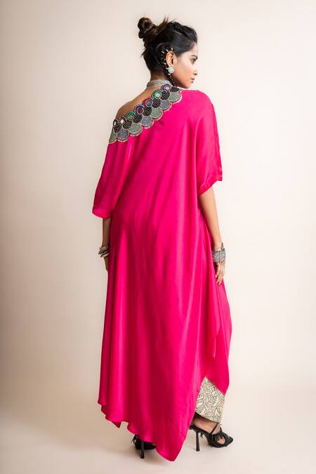 Shop Nupur Kanoi Fuchsia Silk Satin, Crepe Mirrors Off-shoulder Off Top With Peacock Print Pant at Aza Fashions Shop_Nupur Kanoi_Fuchsia Silk Satin, Crepe Mirrors Off-shoulder Off Top With Peacock Print Pant_at_Aza_Fashions