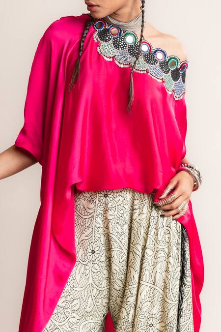 Nupur Kanoi Fuchsia Silk Satin, Crepe Mirrors Off-shoulder Off Top With Peacock Print Pant Online at Aza Fashions Nupur Kanoi_Fuchsia Silk Satin, Crepe Mirrors Off-shoulder Off Top With Peacock Print Pant_Online_at_Aza_Fashions