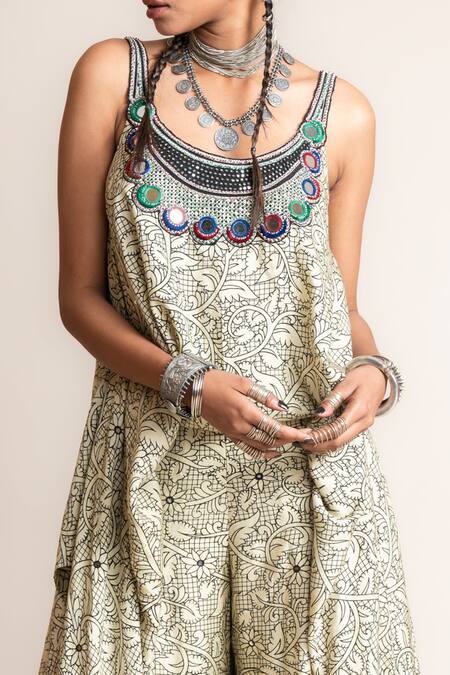 Nupur Kanoi_White Crepe Mirrors Round Neck Blossom Print Jumpsuit_Online_at_Aza_Fashions