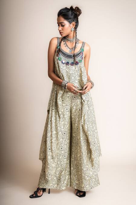 Buy_Nupur Kanoi_White Crepe Mirrors Round Neck Blossom Print Jumpsuit_Online_at_Aza_Fashions