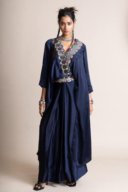 Nupur Kanoi Blue Satin Embroidered Mirrorwork V Neck Embellished Draped Dress 