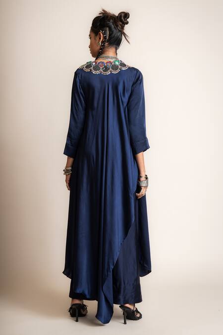 Shop_Nupur Kanoi_Blue Satin Mirrors V-neck Embellished Draped Dress_at_Aza_Fashions