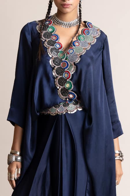 Nupur Kanoi_Blue Satin Mirrors V-neck Embellished Draped Dress_Online_at_Aza_Fashions
