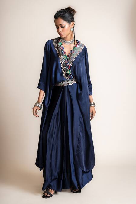 Buy_Nupur Kanoi_Blue Satin Mirrors V-neck Embellished Draped Dress_Online_at_Aza_Fashions