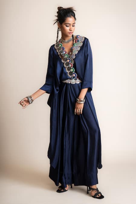 Shop_Nupur Kanoi_Blue Satin Mirrors V-neck Embellished Draped Dress_Online_at_Aza_Fashions