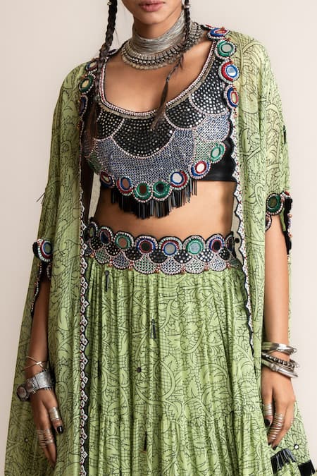 Nupur Kanoi_Green Crepe, Georgette Beads, Floral Jaali Print Kaftan Cape Lehenga Set_Online_at_Aza_Fashions