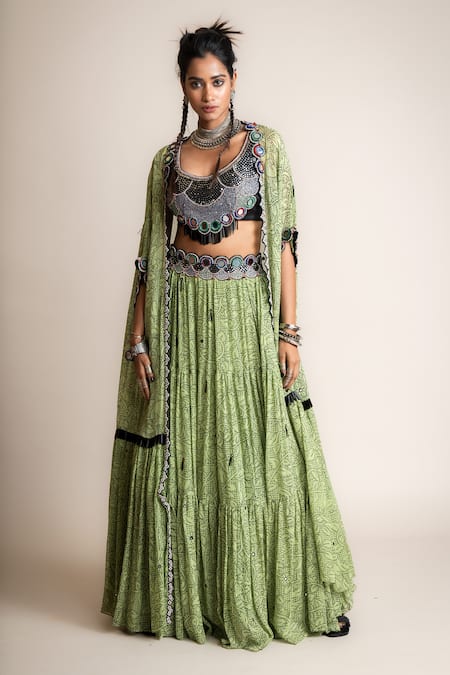 Buy_Nupur Kanoi_Green Crepe, Georgette Beads, Floral Jaali Print Kaftan Cape Lehenga Set_Online_at_Aza_Fashions