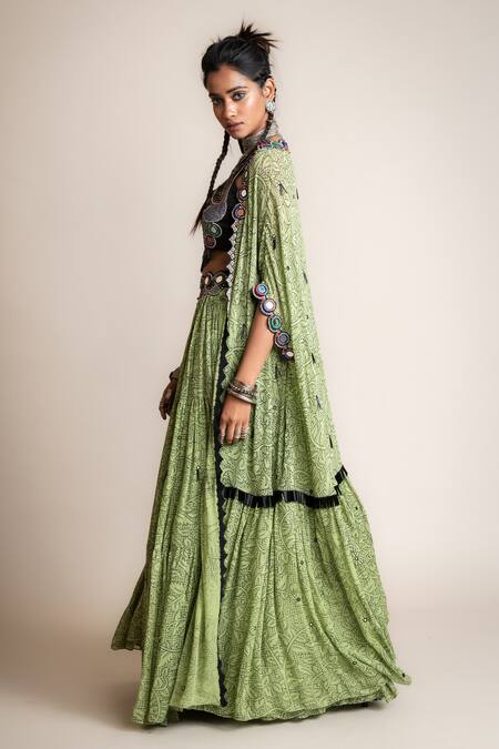 Shop_Nupur Kanoi_Green Crepe, Georgette Beads, Floral Jaali Print Kaftan Cape Lehenga Set_Online_at_Aza_Fashions