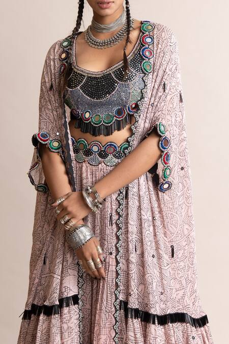 Nupur Kanoi Pink Crepe, Georgette Crystals, Mirrors Embellished Kaftan Jacket Lehenga Set Online at Aza Fashions Nupur Kanoi_Pink Crepe, Georgette Crystals, Mirrors Embellished Kaftan Jacket Lehenga Set_Online_at_Aza_Fashions
