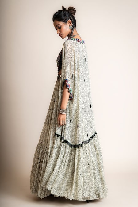 Shop Nupur Kanoi White Crepe, Georgette Embroidery, Floral Jaal Print Kaftan Cape Lehenga Set at Aza Fashions Shop_Nupur Kanoi_White Crepe, Georgette Embroidery, Floral Jaal Print Kaftan Cape Lehenga Set_at_Aza_Fashions