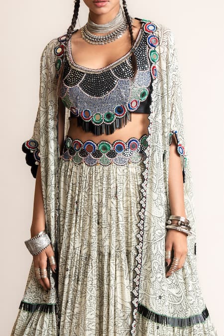 Nupur Kanoi White Crepe, Georgette Embroidery, Floral Jaal Print Kaftan Cape Lehenga Set Online at Aza Fashions Nupur Kanoi_White Crepe, Georgette Embroidery, Floral Jaal Print Kaftan Cape Lehenga Set_Online_at_Aza_Fashions