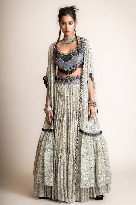 Buy Nupur Kanoi White Crepe, Georgette Embroidery, Floral Jaal Print Kaftan Cape Lehenga Set Online at Aza Fashions Buy_Nupur Kanoi_White Crepe, Georgette Embroidery, Floral Jaal Print Kaftan Cape Lehenga Set_Online_at_Aza_Fashions