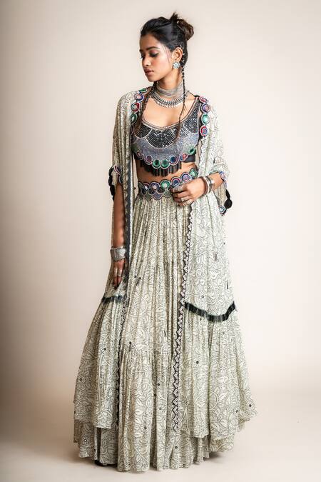 Nupur Kanoi White Crepe, Georgette Embroidery, Floral Jaal Print Kaftan Cape Lehenga Set at Aza Fashions Nupur Kanoi_White Crepe, Georgette Embroidery, Floral Jaal Print Kaftan Cape Lehenga Set_at_Aza_Fashions