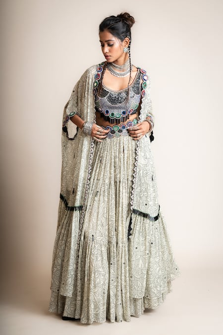 Buy Nupur Kanoi White Crepe, Georgette Embroidery, Floral Jaal Print Kaftan Cape Lehenga Set Buy_Nupur Kanoi_White Crepe, Georgette Embroidery, Floral Jaal Print Kaftan Cape Lehenga Set