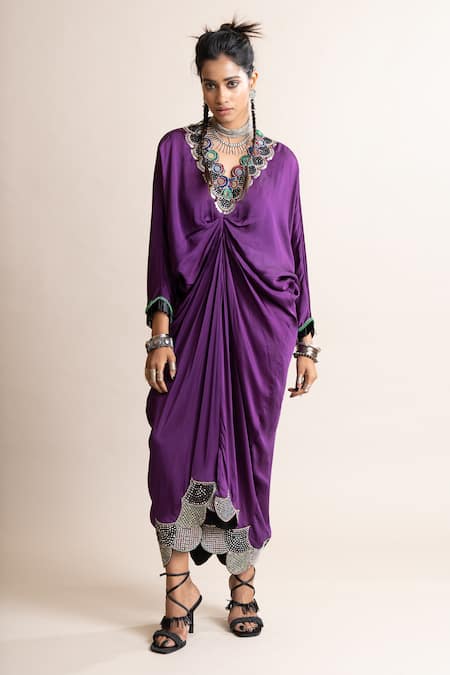 Nupur Kanoi Purple Satin Embroidered Mirrorwork V Neck Placed Embellished Dress 