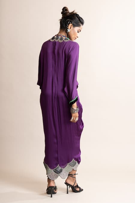 Shop_Nupur Kanoi_Purple Satin Mirrors V-neck Placed Embellished Dress_at_Aza_Fashions