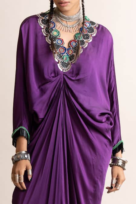 Nupur Kanoi_Purple Satin Mirrors V-neck Placed Embellished Dress_Online_at_Aza_Fashions