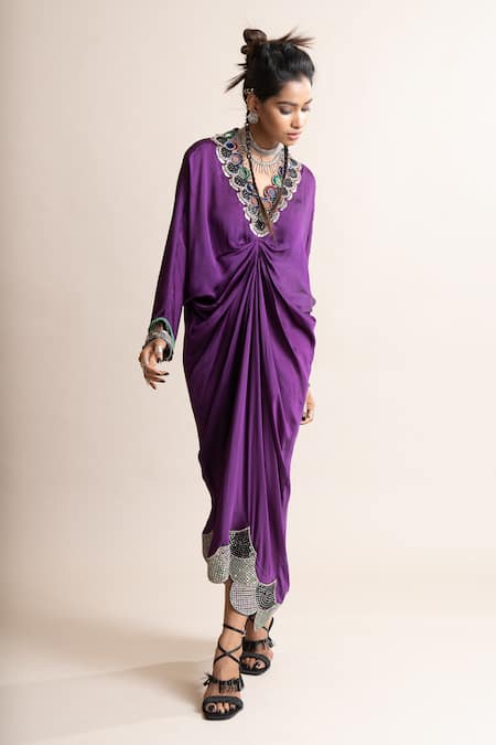 Buy_Nupur Kanoi_Purple Satin Mirrors V-neck Placed Embellished Dress_Online_at_Aza_Fashions