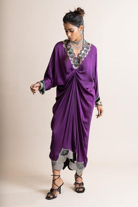 Shop_Nupur Kanoi_Purple Satin Mirrors V-neck Placed Embellished Dress_Online_at_Aza_Fashions