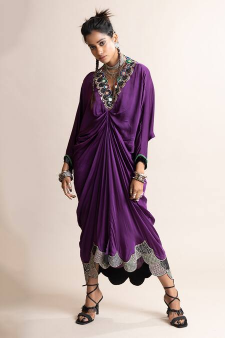 Nupur Kanoi_Purple Satin Mirrors V-neck Placed Embellished Dress_at_Aza_Fashions