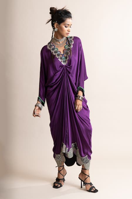 Buy_Nupur Kanoi_Purple Satin Mirrors V-neck Placed Embellished Dress