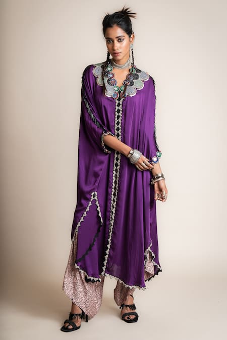 Nupur Kanoi Purple Cape Satin Printed Cut Out Border Embellished With Pant 