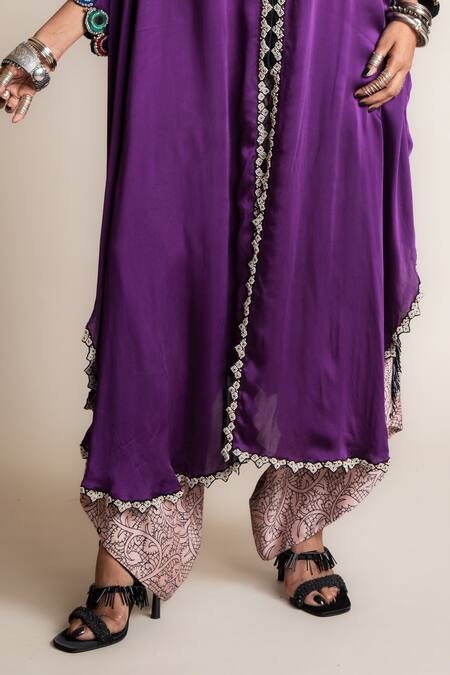 Nupur Kanoi_Purple Crepe Embroidery Cut Out Border Embellished Cape With Printed Pant_Online_at_Aza_Fashions