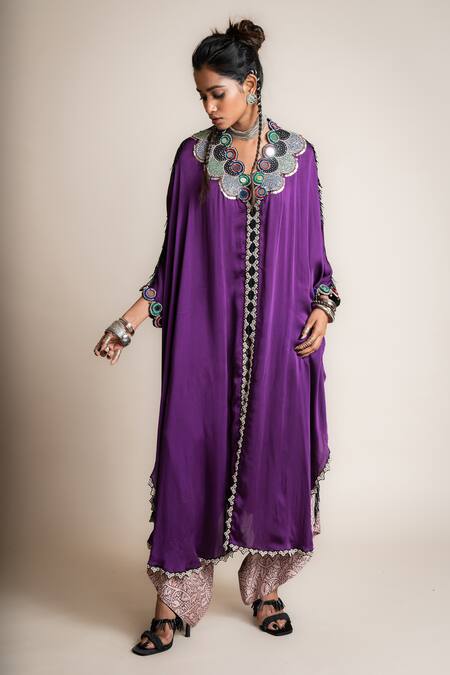 Buy_Nupur Kanoi_Purple Crepe Embroidery Cut Out Border Embellished Cape With Printed Pant_Online_at_Aza_Fashions