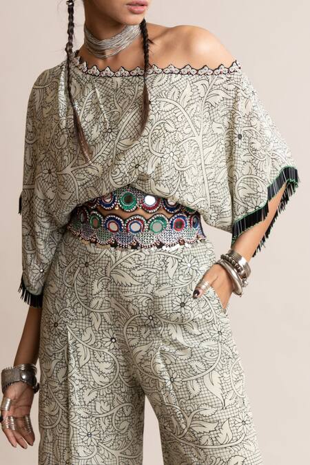 Nupur Kanoi White Crepe Mirrors One Shoulder Off Floral Print Top With Pant Online at Aza Fashions Nupur Kanoi_White Crepe Mirrors One Shoulder Off Floral Print Top With Pant_Online_at_Aza_Fashions