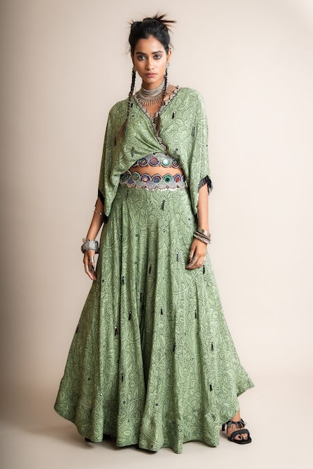 Nupur Kanoi Green Crepe Printed Floral V Neck Kaftan Top With Flared Pant  