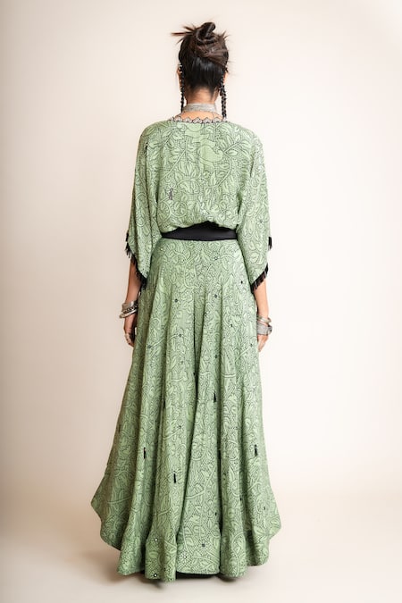 Shop_Nupur Kanoi_Green Crepe Mirrors V-neck Floral Print Kaftan Top With Flared Pant_at_Aza_Fashions