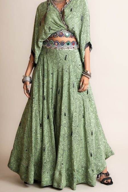 Nupur Kanoi_Green Crepe Mirrors V-neck Floral Print Kaftan Top With Flared Pant_Online_at_Aza_Fashions