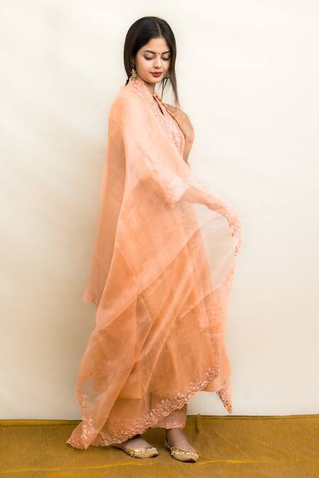 Mithi Supari Peach Chanderi, Organza, Cotton Embroidery, Sequins Parijat Anarkali Pant Set Online at Aza Fashions Mithi Supari_Peach Chanderi, Organza, Cotton Embroidery, Sequins Parijat Anarkali Pant Set _Online_at_Aza_Fashions