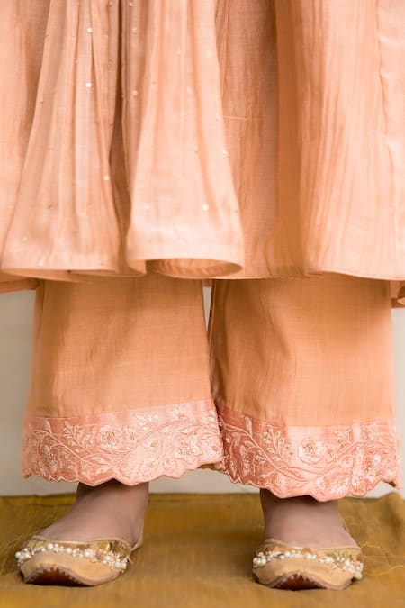 Mithi Supari Peach Chanderi, Organza, Cotton Embroidery, Sequins Parijat Anarkali Pant Set at Aza Fashions Mithi Supari_Peach Chanderi, Organza, Cotton Embroidery, Sequins Parijat Anarkali Pant Set _at_Aza_Fashions